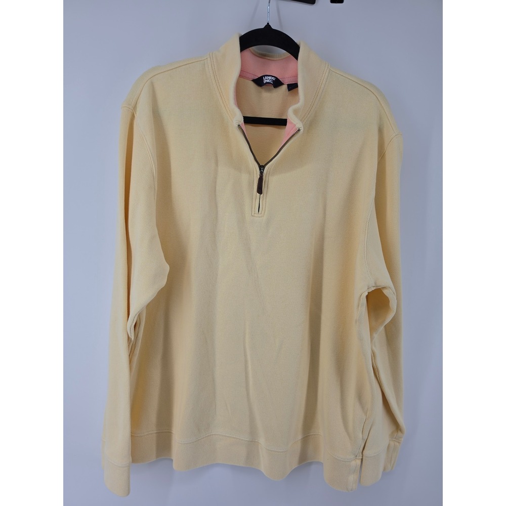 Lands End Womens XXL Pale Yellow Ribbed Cotton Quarter Zip Pullover Sweater